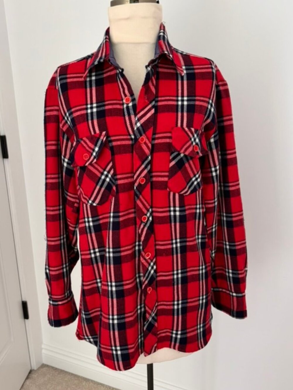 Vintage KMart flannel shirt w/ red and black plaid and prominent button pockets